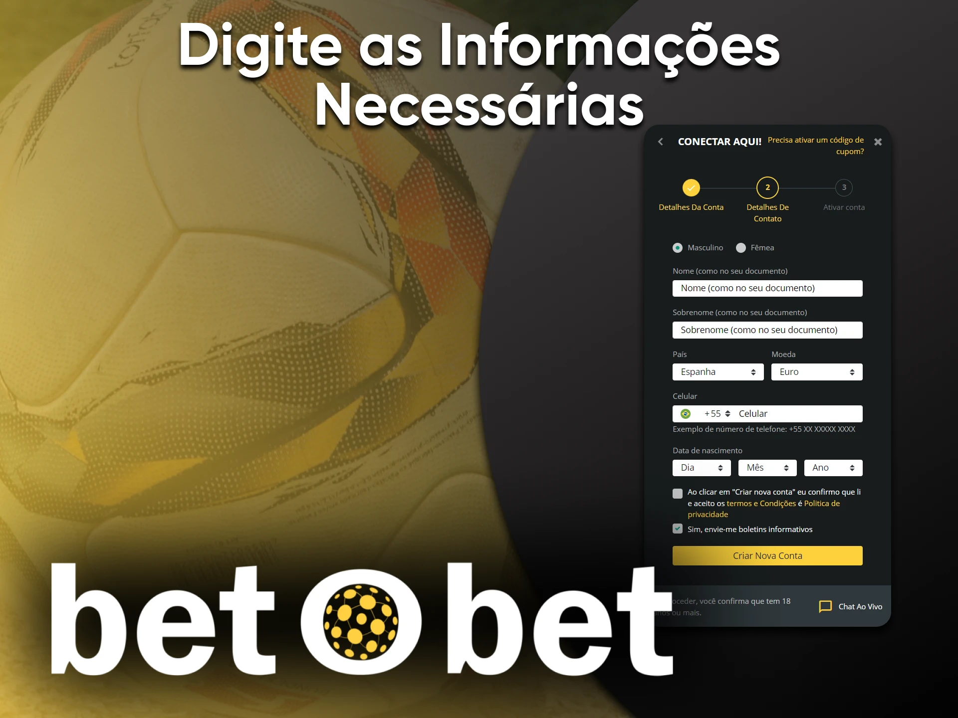 Insira seus dados pessoais para continuar o cadastro no Betobet.